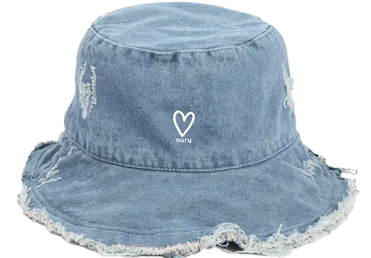 Blue frayed Heart Bucket hat