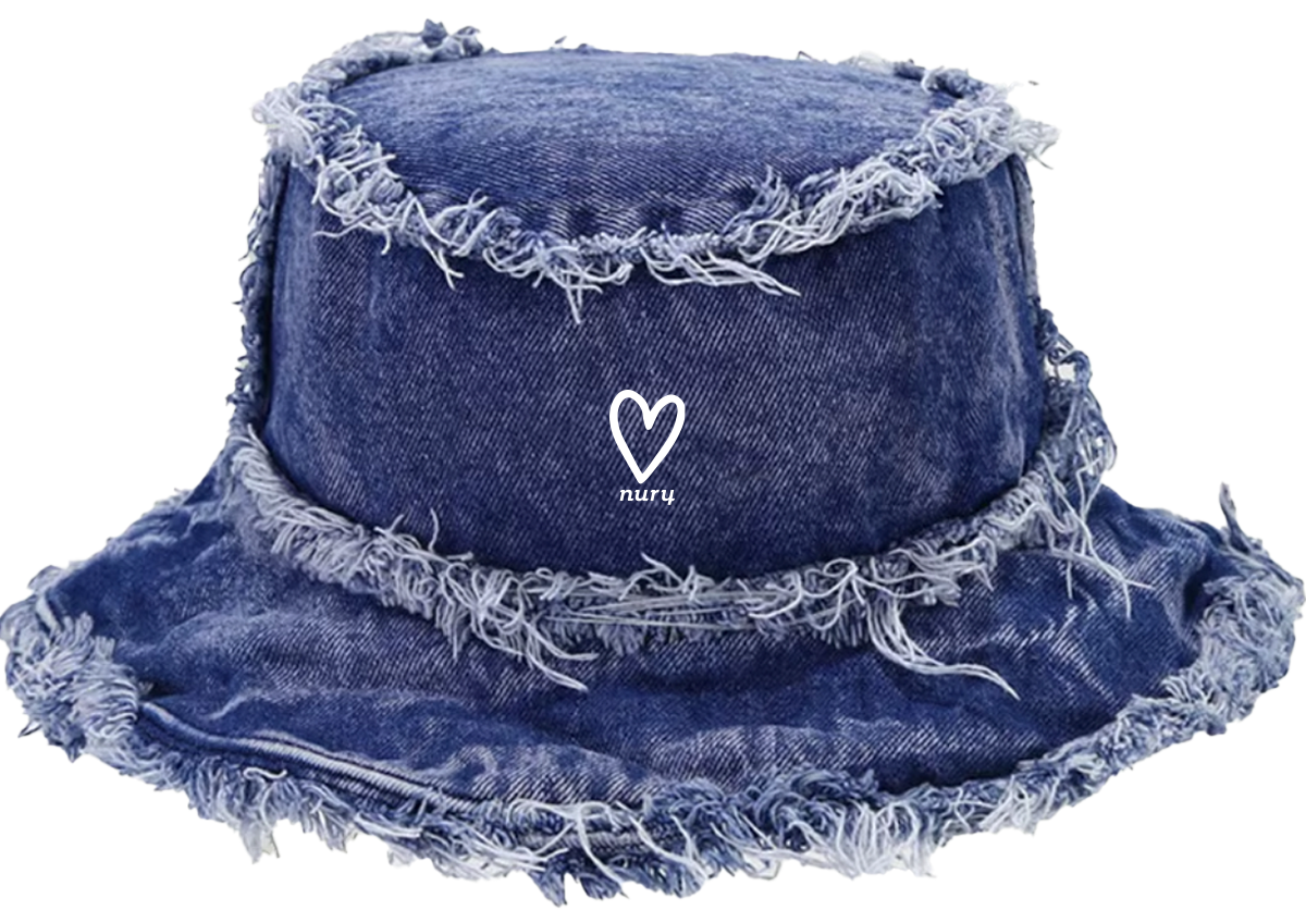 Blue very frayed Heart Bucket hat