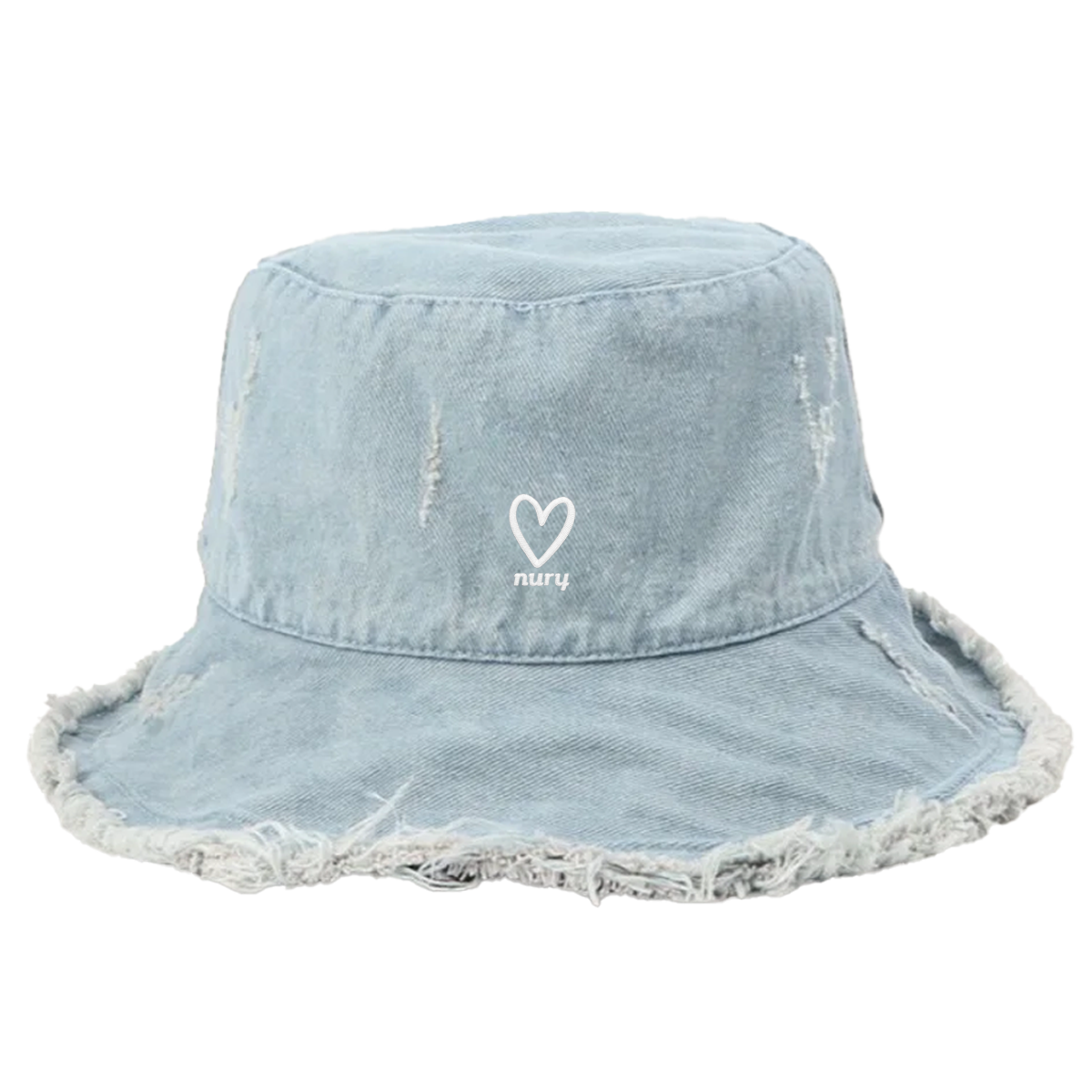 Nury light blue denim frayed bucket hat showing crown and brim proportion