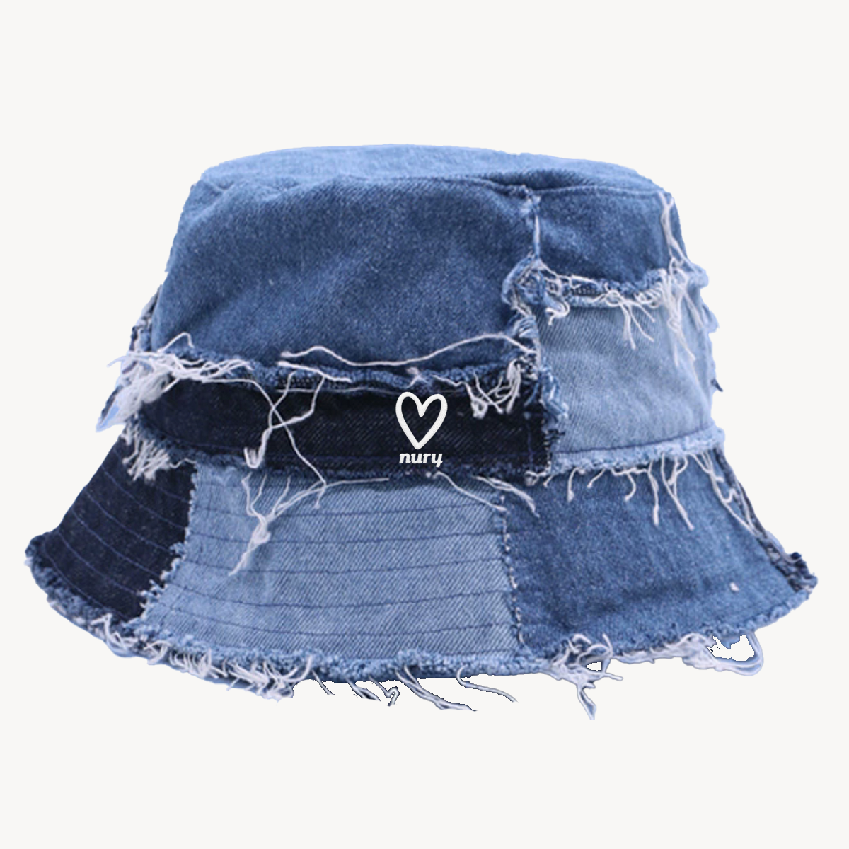 Ultra Frayed Bucket Hat in Blue Patchwork Denim with heart embroidery