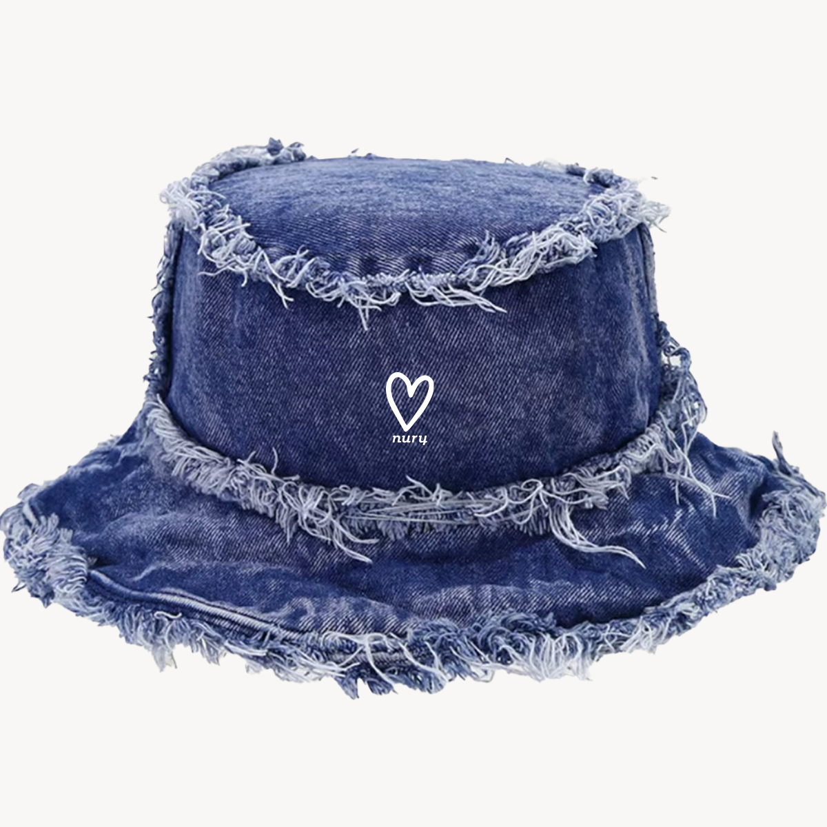 Ultra Frayed Bucket Hat in Dark Blue Denim with heart embroidery