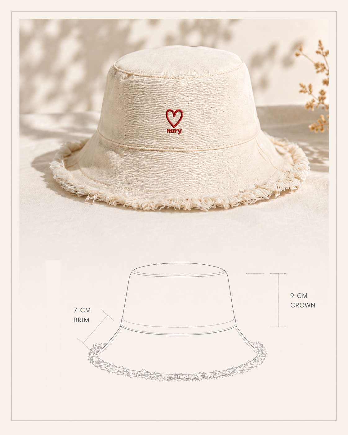 Nury bucket hat photograph and proportion diagram showing 9 cm crown and 7 cm brim