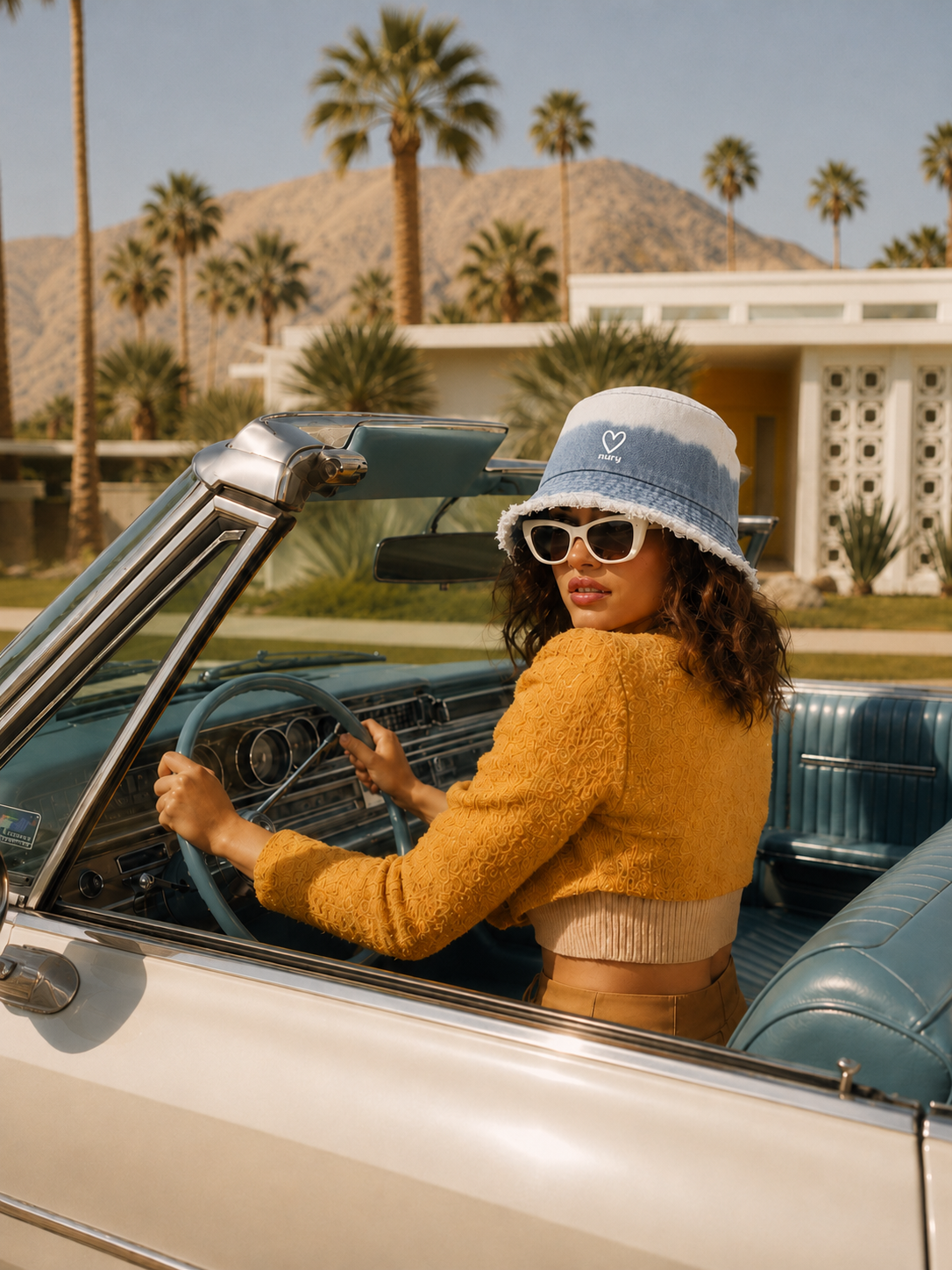Model wearing tie dye blue denim frayed edge bucket hat