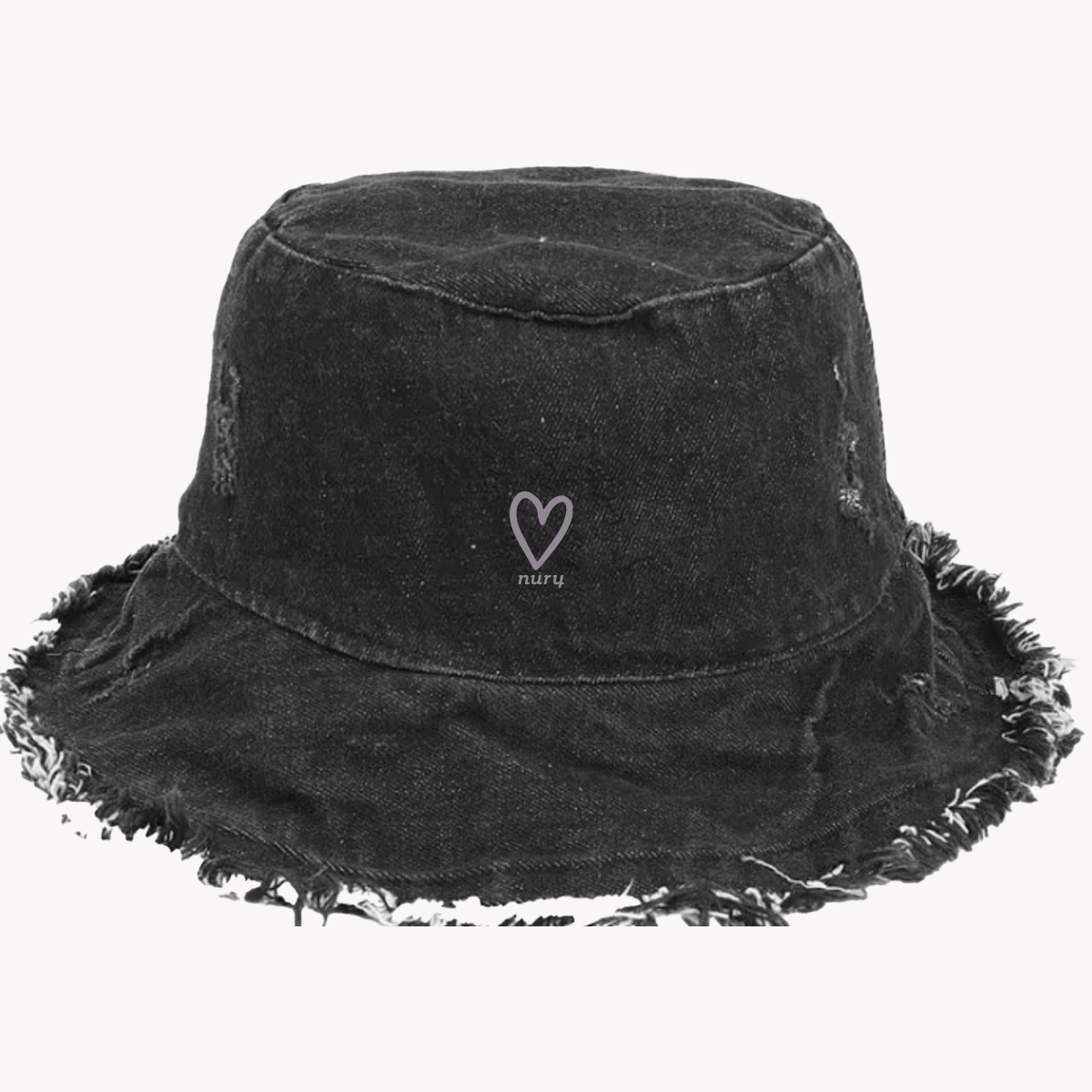 Frayed Edge Bucket Hat in Black Denim with red heart embroidery