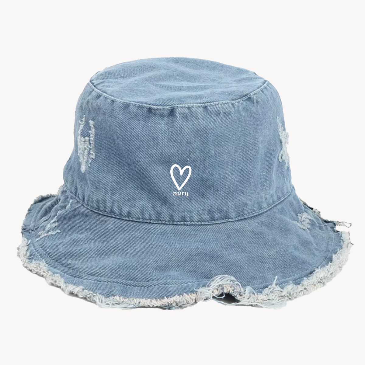 Frayed Edge Bucket Hat in Blue Denim with heart embroidery