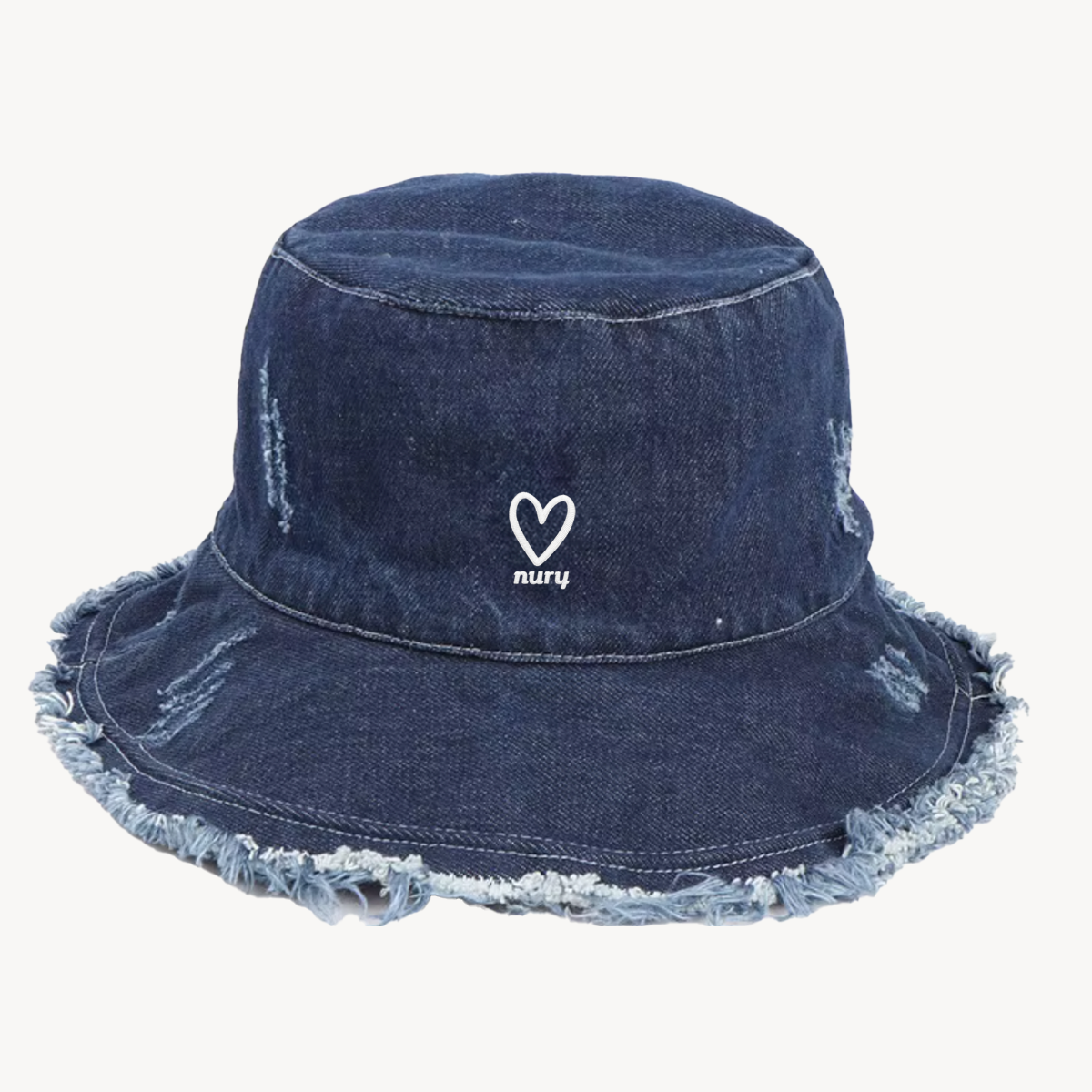 Frayed Edge Bucket Hat in Dark Blue Denim with heart embroidery