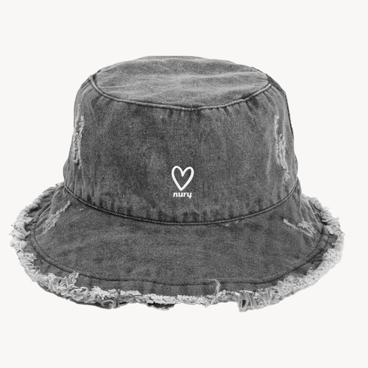 Frayed Edge Bucket Hat in Gray Denim with heart embroidery