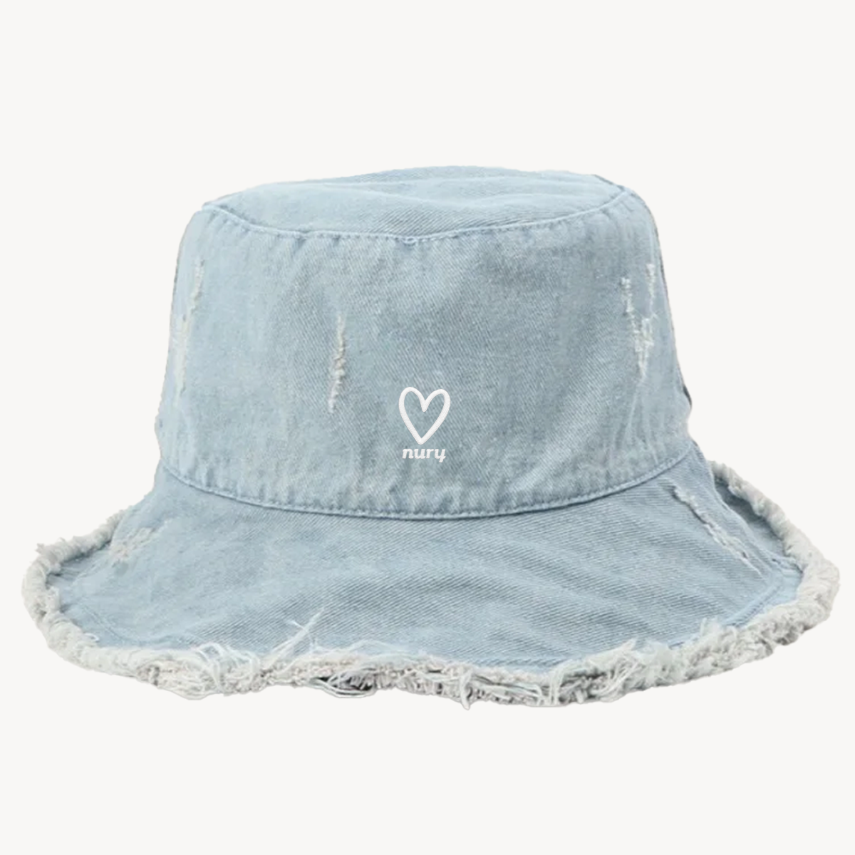 Frayed Edge Bucket Hat in Light Blue Denim with heart embroidery