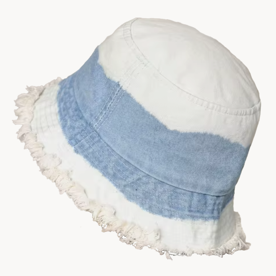 Tie dye blue denim frayed edge bucket hat detail